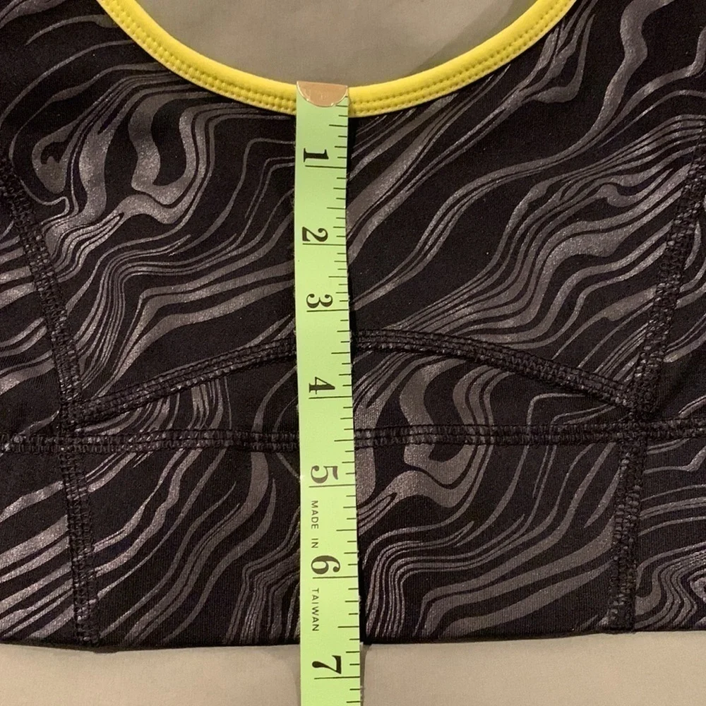 Fabletics Womens Sports Bra. Gray&Black with Bright Yellow Trim/Reverse Black.